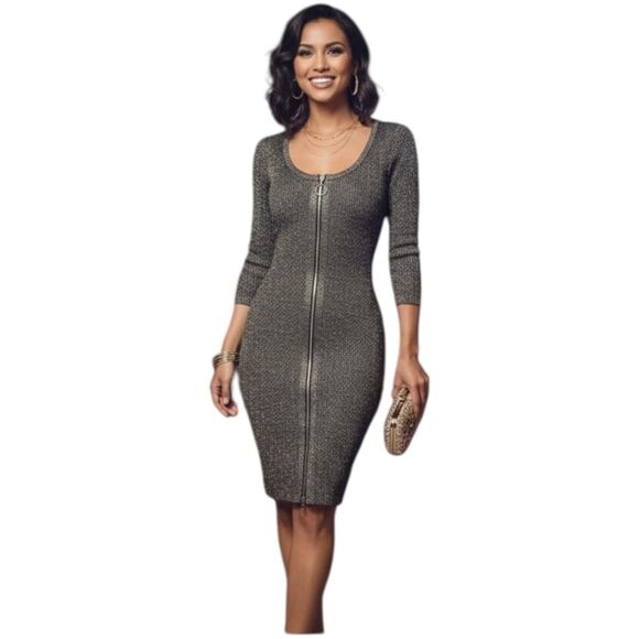 Say What Dress Womens Large Black Silver Zip Front Metallic Bodycon Party Knit - Picture 1 of 14